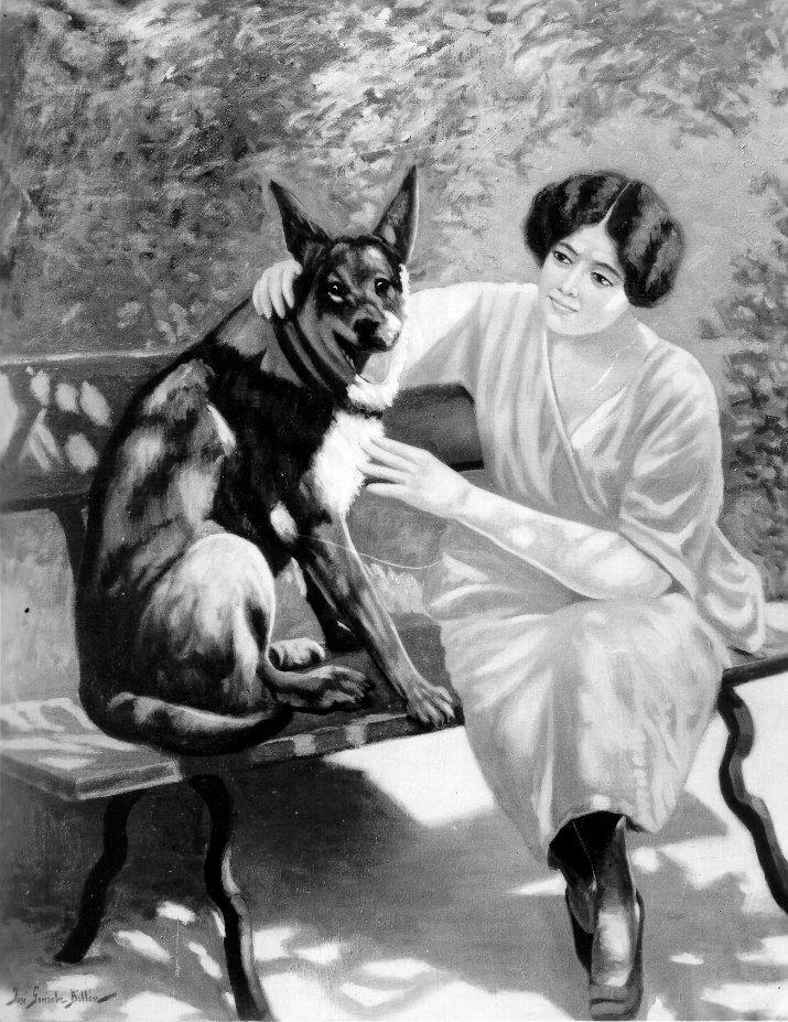 Mujer con Perro Lobo Español, óleo, hacia 1890