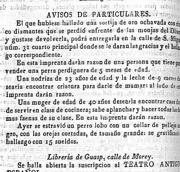 Aviso por pérdida de perro lobo, Diario Constitucional de Palma de Mallorca, 1837