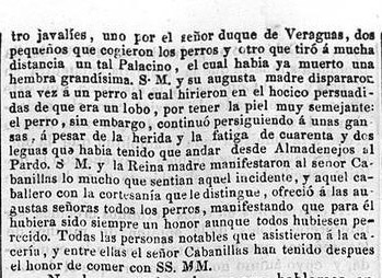 Recorte Diario El Español 1847, cacería en los montes del Pardo